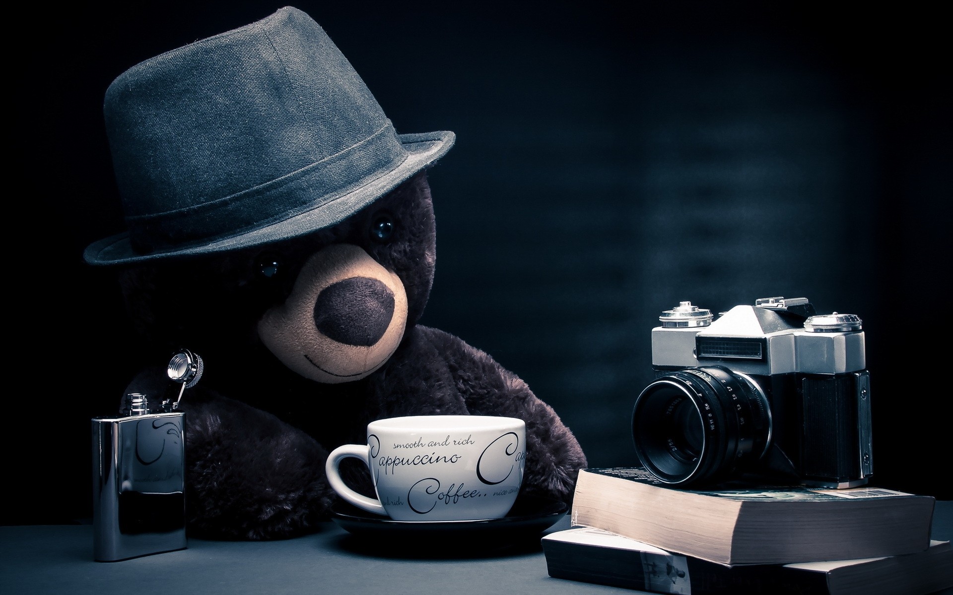 cartoons lid dark portrait retro adult vintage one fashion monochrome studio coffee teddy bear toys cool