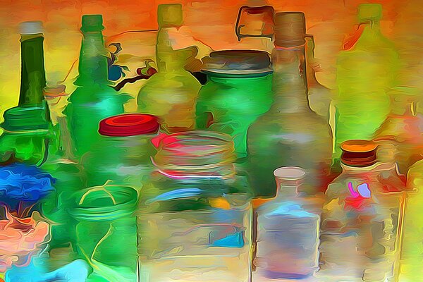 The picture of containers and bottles is blurred