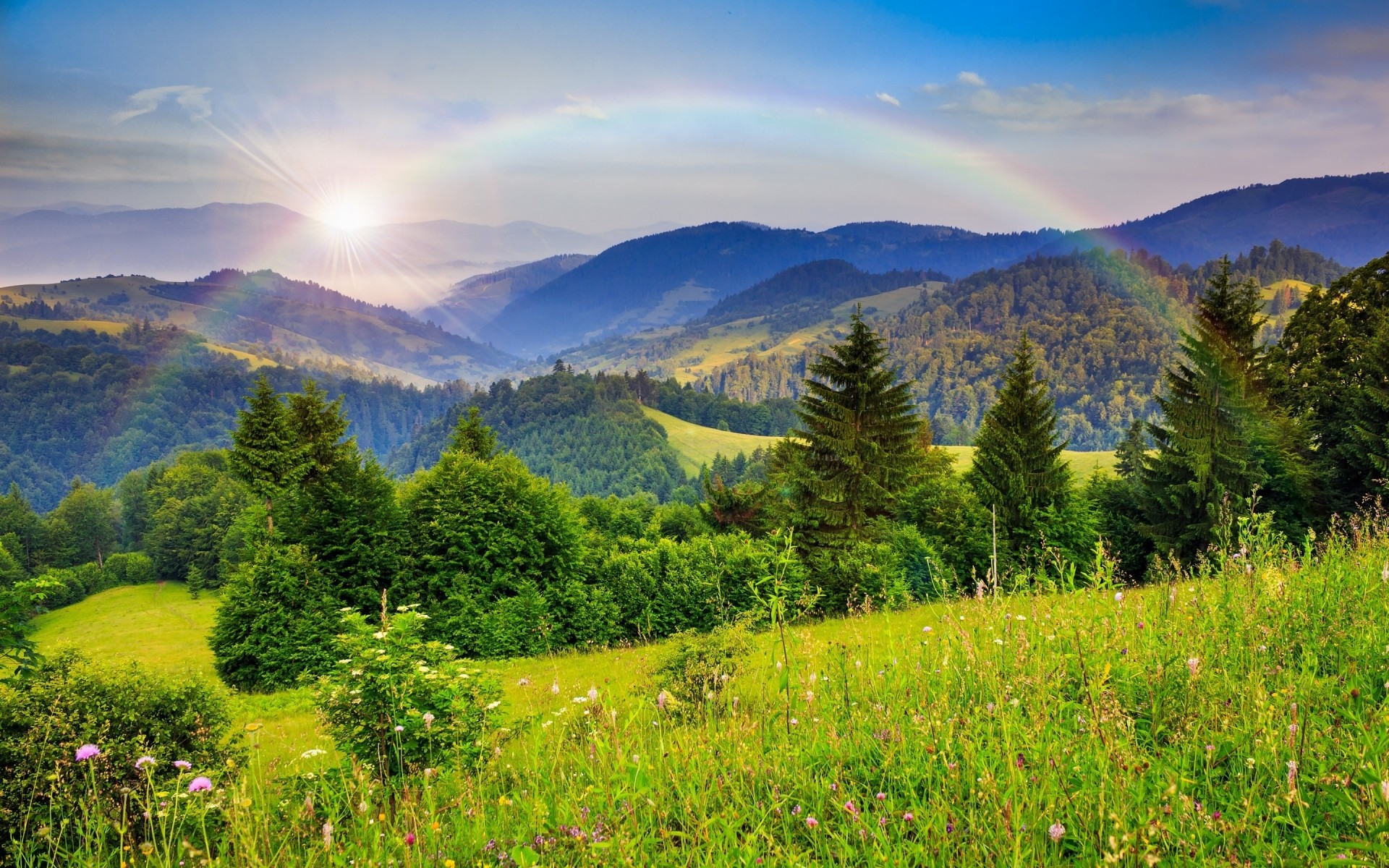 landschaft landschaft natur berg holz hügel himmel baum sommer landschaftlich gras im freien heuhaufen ländlich reisen spektakel feld dämmerung gutes wetter tal wald berge regenbogen