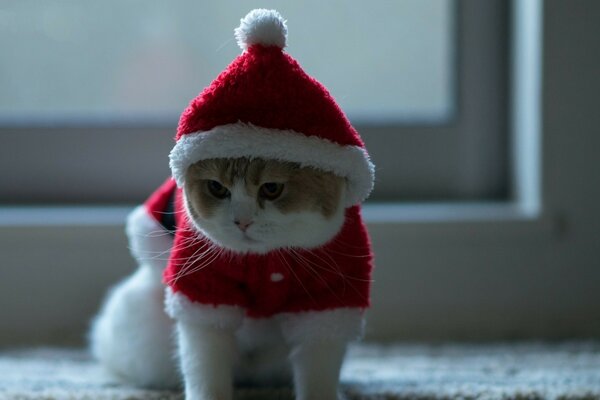 Pequeño gato en traje de Navidad