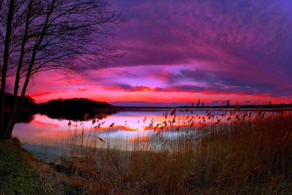 Beau coucher de soleil sur le lac