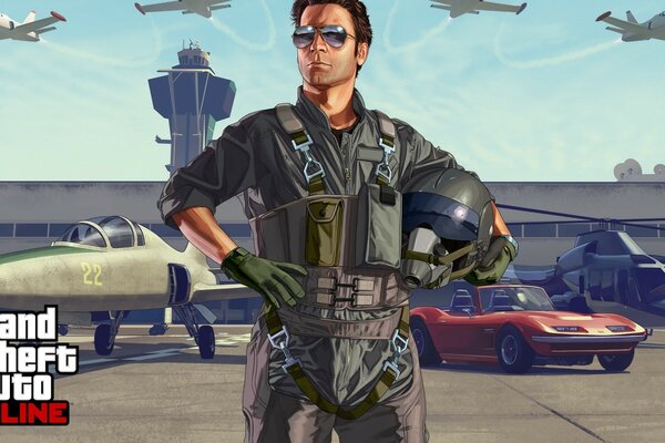 A pilot from a computer game on the background of airplanes