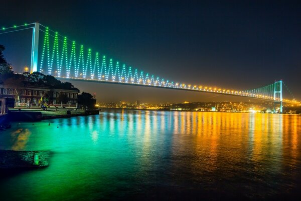 A long bridge with multicolored supports