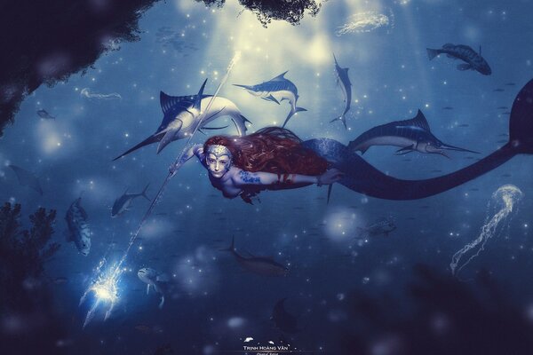 Mermaid underwater and swordfish