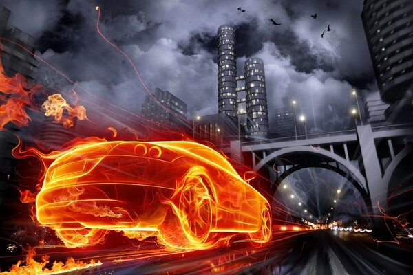 Disegno di un auto di fuoco in movimento sullo sfondo di una strada e un ponte