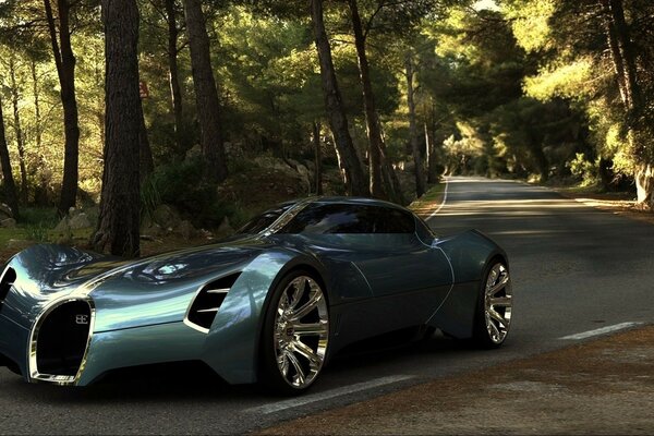 Voiture de sport futuriste se déplace sur la route parmi les arbres