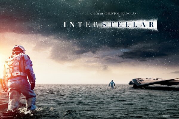 A water landscape under a starry sky and a man in a spacesuit