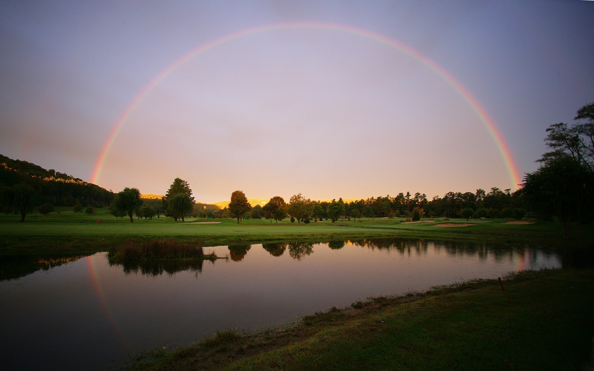 paisaje arco iris paisaje lago reflexión agua cielo árbol naturaleza hierba tiempo sol amanecer puesta de sol río verano al aire libre agricultura