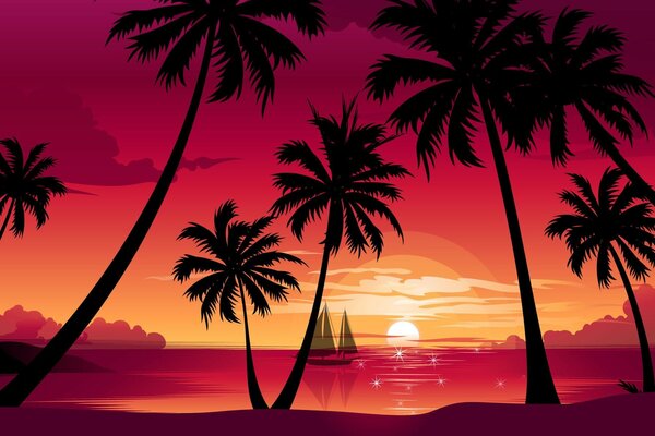 Tall palm trees on the background of the sea