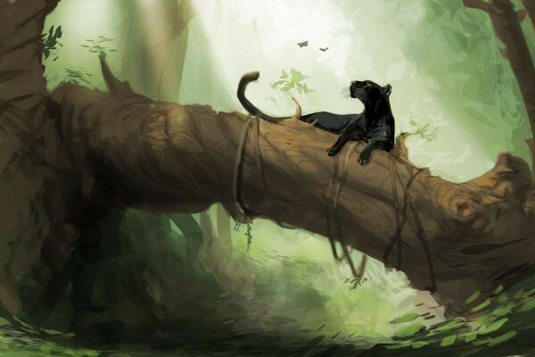 A painted picture of a panther lying on a thick branch