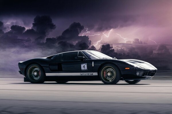 Racing car in the middle of thunderclouds