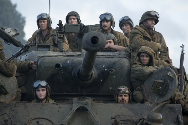 Soldiers on a tank. a frame from the movie