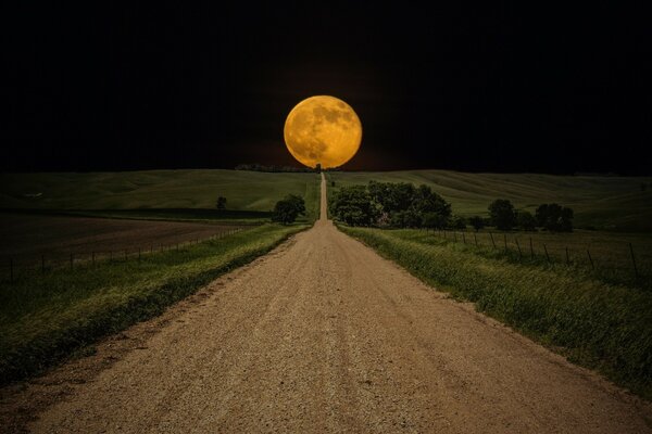 Camino nocturno al horizonte con una gran Luna