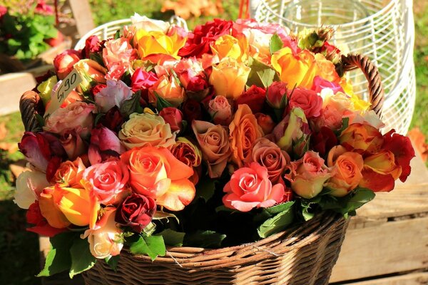 Bouquet of roses in a basket