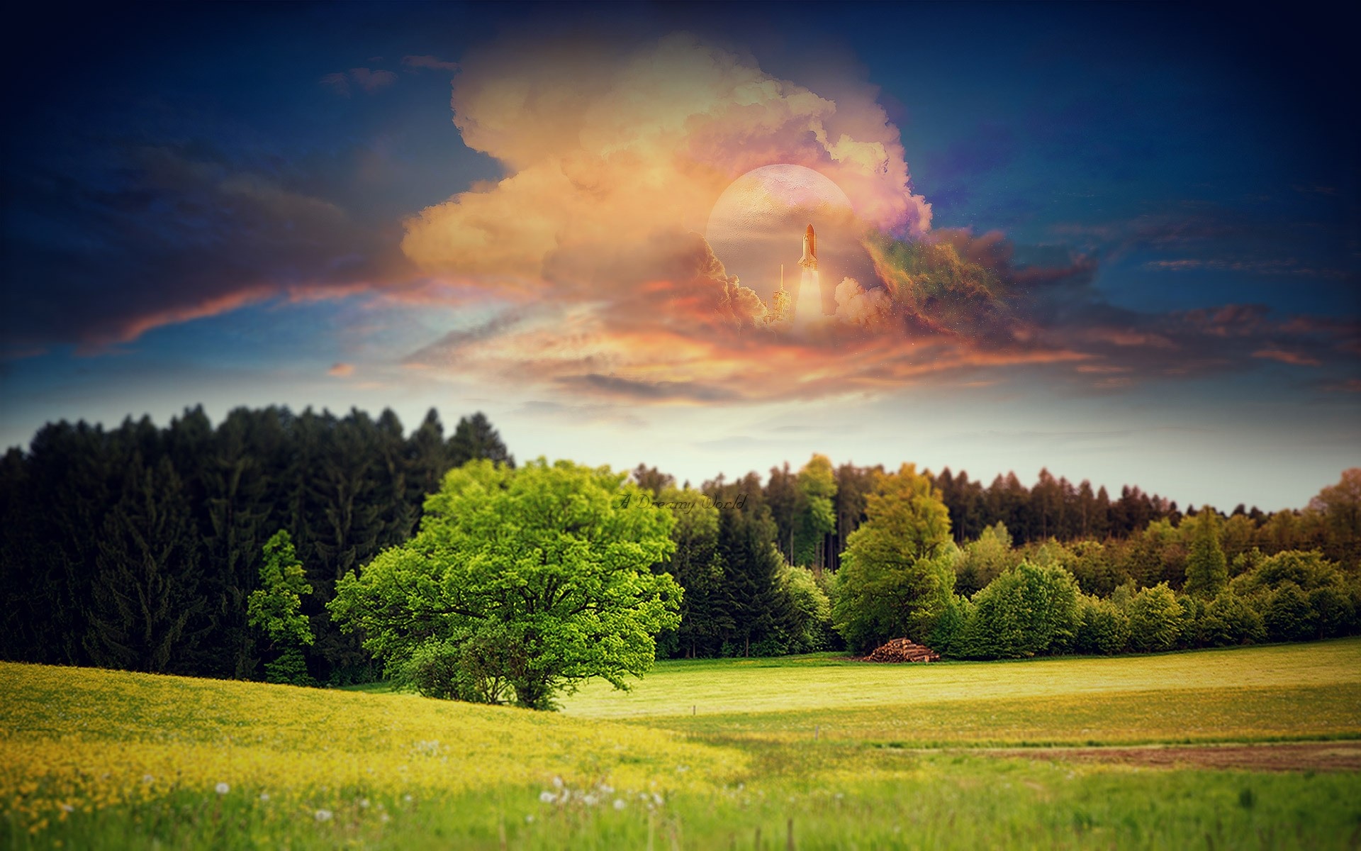 photo manipulation landscape nature sunset summer sky dawn grass sun tree rural countryside outdoors fair weather field cloud hayfield bright scenic