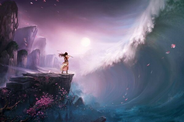 A hand-drawn fantasy picture. the girl and the tsunami