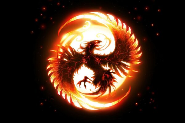 An eagle in a ball of flame on a black background