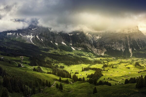 Paesaggio montano mattina nebbiosa