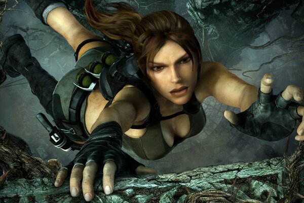 Lara Croft is hanging over a cliff