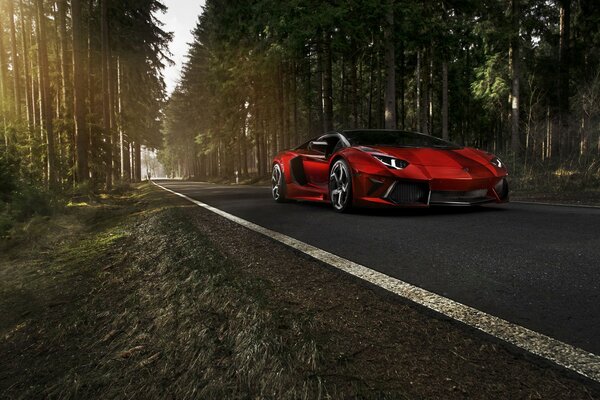 La macchina rossa guida in autostrada