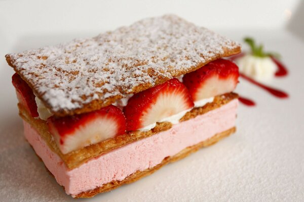 A piece of delicious cake with strawberries