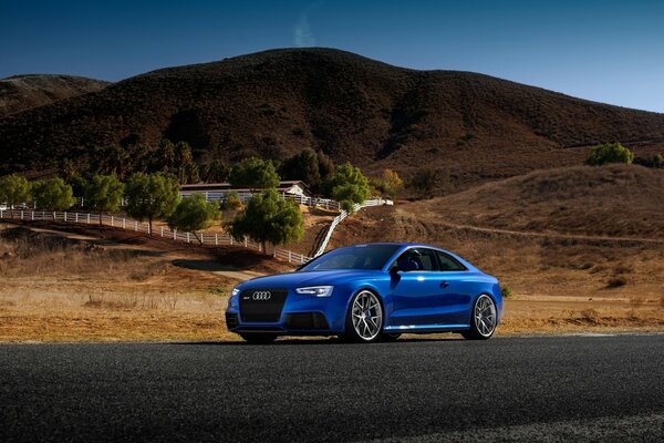 Audi azul en una carretera desierta