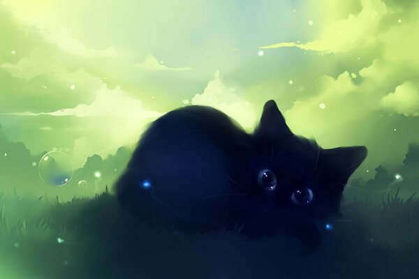 Watercolor black and blue cat