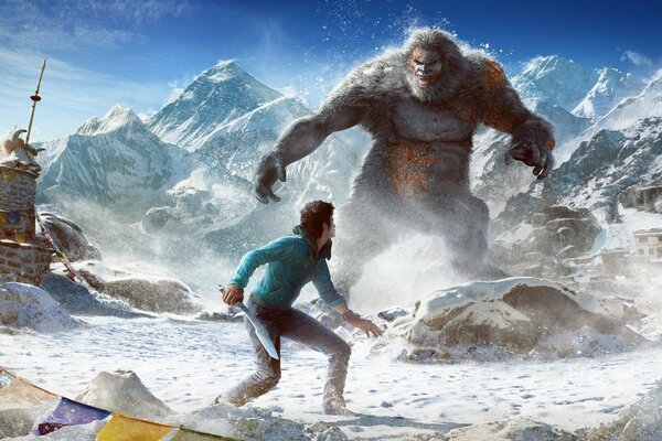 A man with a machete fights a yeti