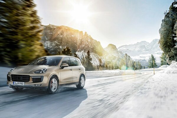 A car on a snowy winter road