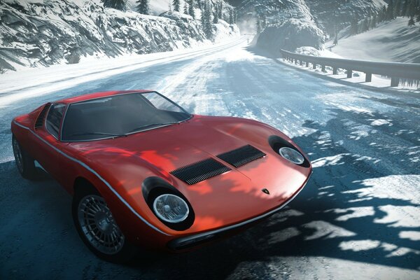 Red racing car on a snowy highway