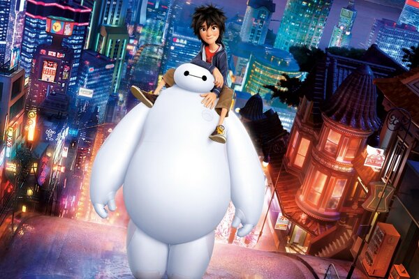 A boy sits on the shoulders of a white robot against the background of a modern city