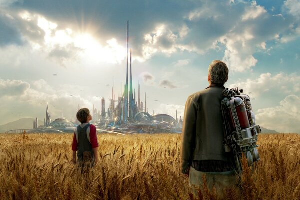 A man and a child are standing in a field with a ladder and looking at the sky