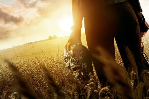 L uomo tiene la testa del robot in mano nel campo con il grano