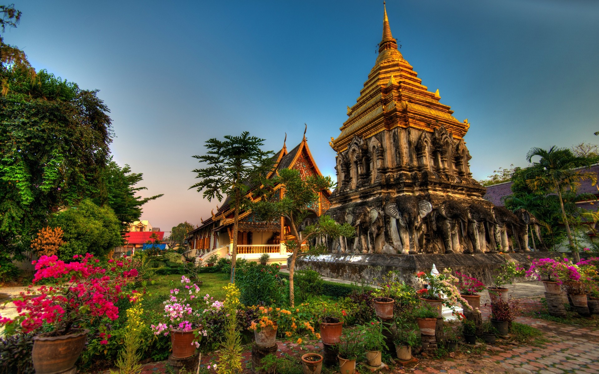 other city temple architecture buddha travel pagoda religion wat building sky stupa ancient traditional outdoors tree culture spirituality monastery gold castle wat chiang man thailand flowers garden