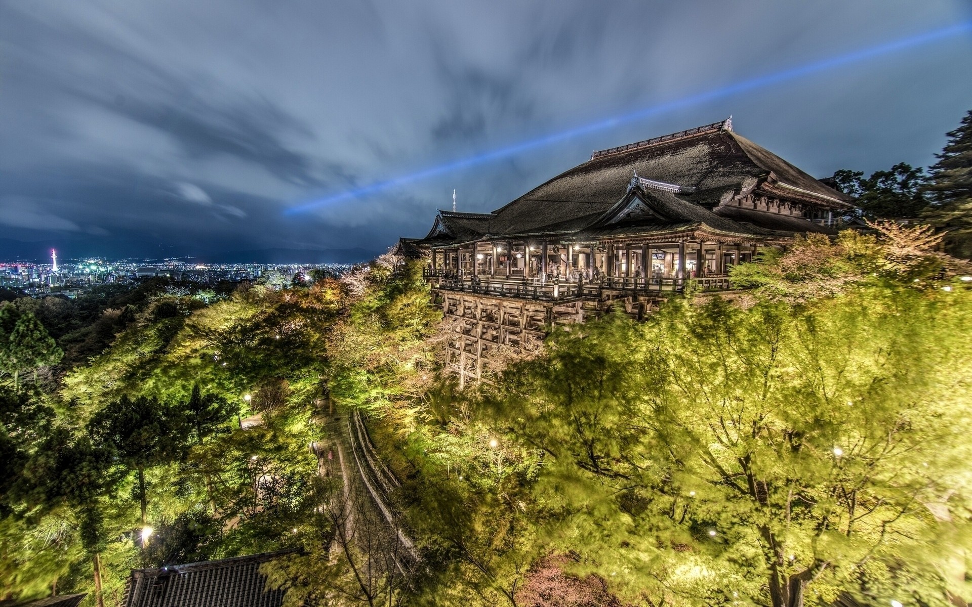 japan travel landscape tree building architecture mountain sky house outdoors wood nature tourism scenic city kiyomizu dera temple night lights