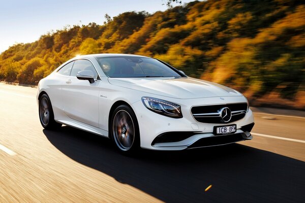 Weißer Mercedes Benz auf der sonnigen Herbststraße