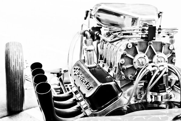 Black and white car engine