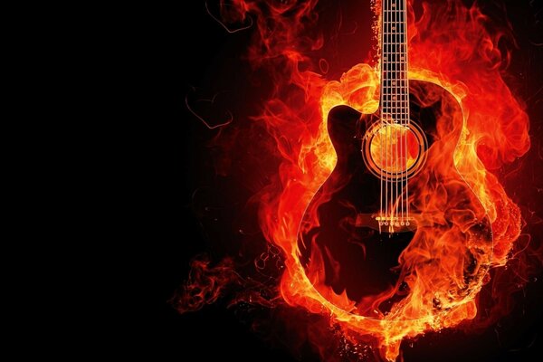 Guitare noire dans une flamme brillante