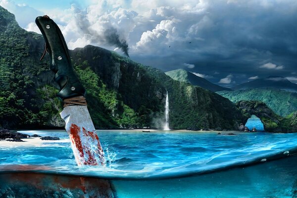 A bloody knife in the water against the background of mountains