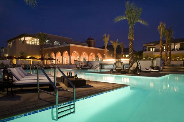 A hotel room with a cool pool