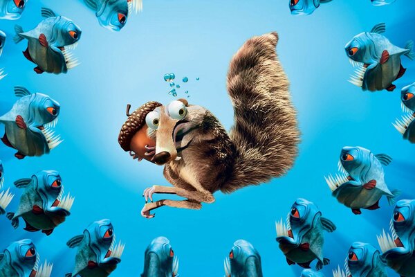 A squirrel from the Ice Age cartoon saves a nut from piranhas