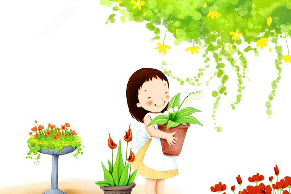 Little Japanese girl and lots of flowers