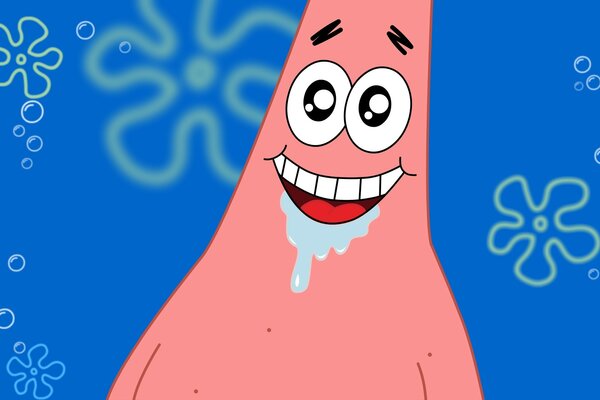 Patrick from the cartoon with saliva on his lips