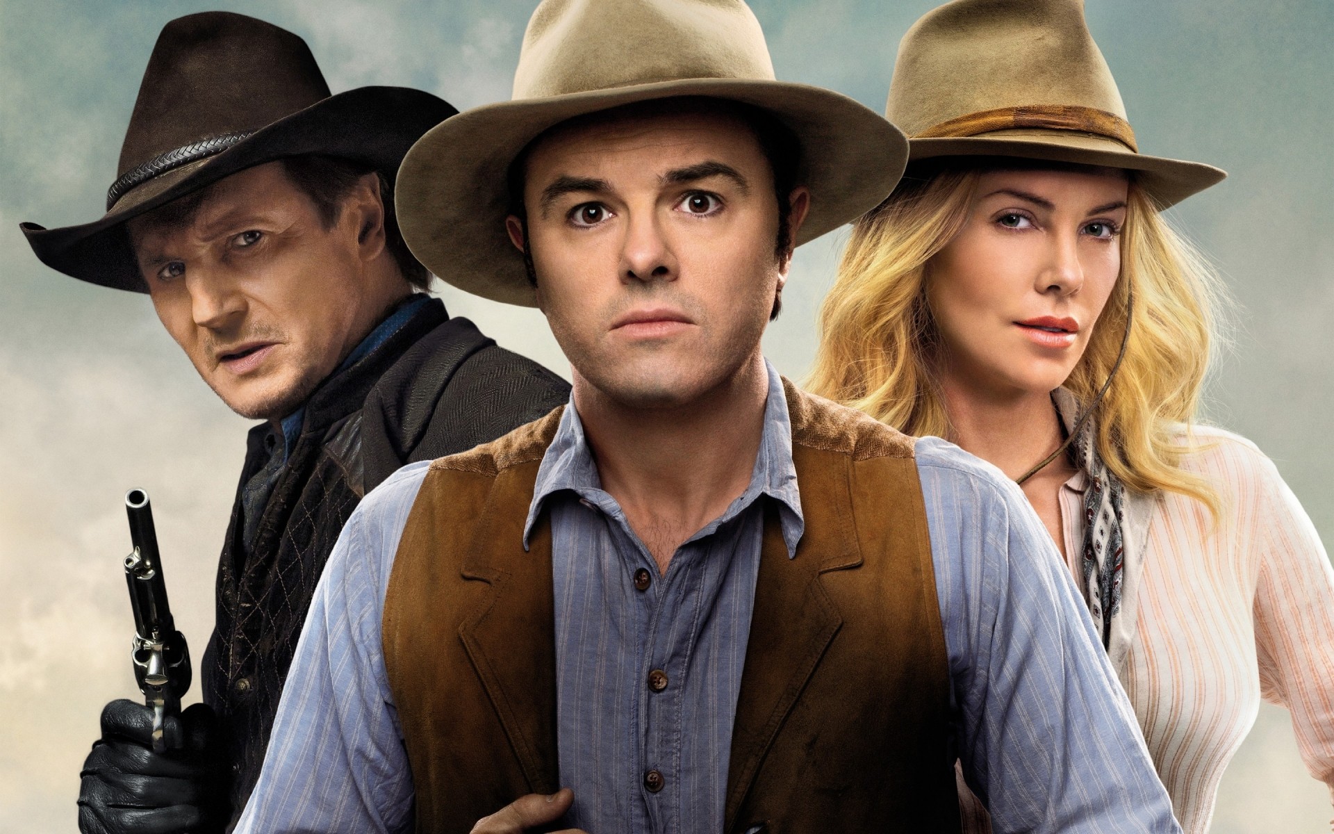 movies lid man portrait veil fashion cowboy hat wear cowboy woman fedora two adult outerwear facial expression charlize theron anna liam neeson clinch seth macfarlane albert comedy western