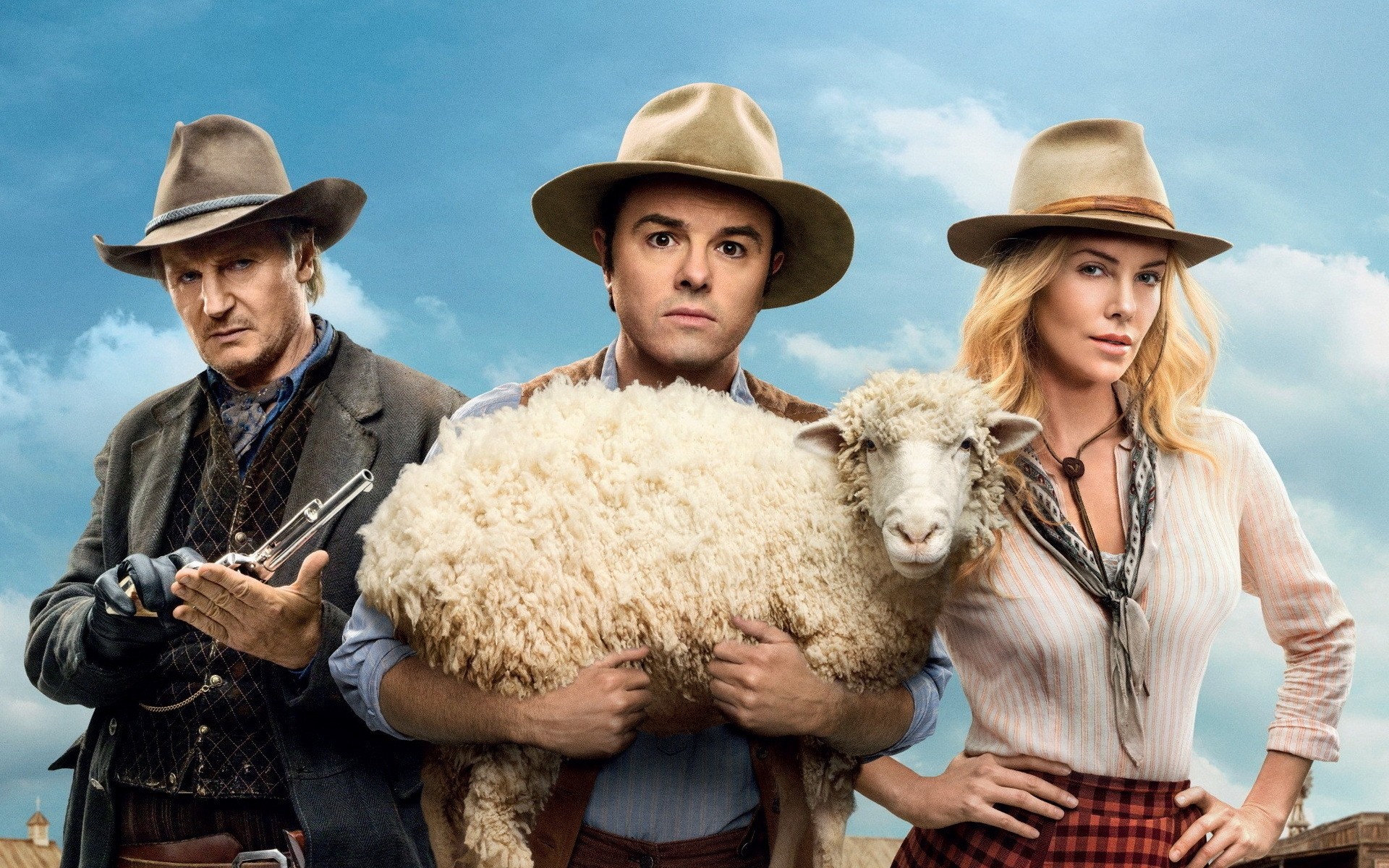 filmler kapak kovboy şapkası kovboy kadın portre peçe yetişkin moda saman cowgirl adam giyinmek açık havada iki kız charlize theron anna liam neeson kucaklama seth macfarlane albert komedi batı