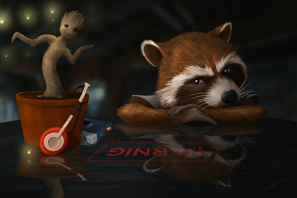 Raccoon and Groot dancing art