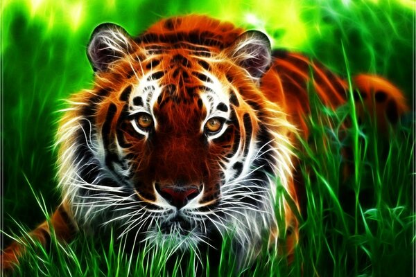 The tiger is hiding in the tall grass