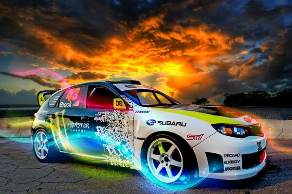 Racing car and beautiful sunset