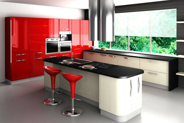 Modern kitchen with red refrigerators