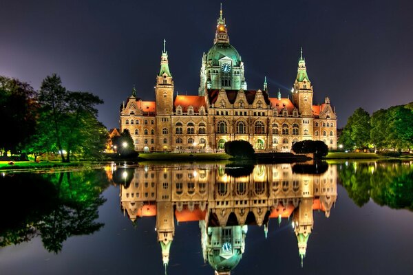 Fairy-tale castle on the lake shore